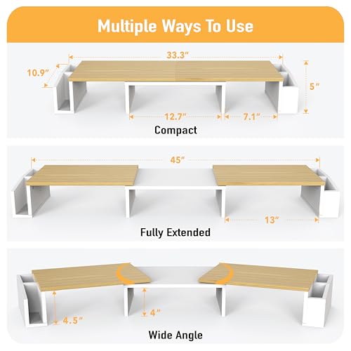 Simple Houseware Desk Dual Monitor Stand Riser with Drawer, Oak | Customizable Organizer Tray, Built-In Phone & Tablet Slot and Side Storage - color: Oak