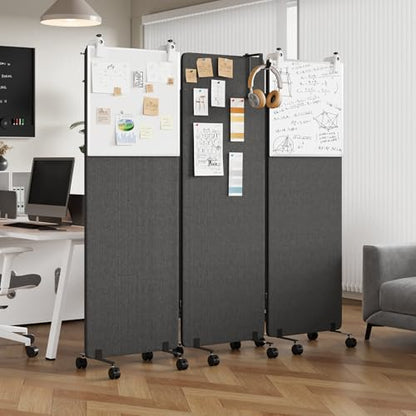 3 Panel Soundproof Room Divider W/Wheels, Office Divider with Whiteboard | 66" H with Detachable Whiteboard/Clips/Hooks/Pushpins,Wheeled Room Dividers, Easy to Move,For Conference Room Partitions - color: Dark Grey, size: 3-Panel-with Board