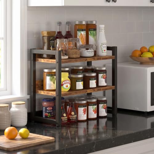 Kitchen Countertop Organizer Shelf, 3 Tier Spice Rack Wood Coffee Counter Shelf Kitchen Cabinet Organizer with Metal Leg for Countertop, Pantry, Bathroom Countertop Organizer, Rustic Brown