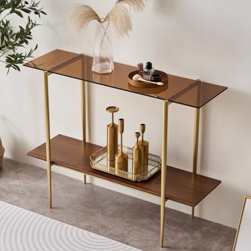 LumFurn Glass Console Table for Living Room, Foyer & Entrance, 2-Tiers Mid-Century Modern Sofa Table with Amber Glass Top, Walnut Finish Wood Shelf and Gold Finish Frame - color: L40.9" Amber & Walnut