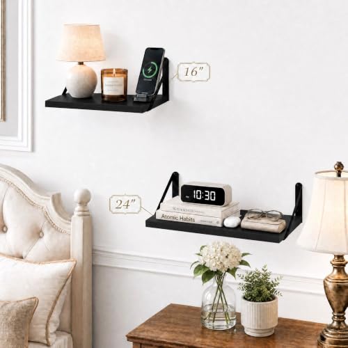 SAUMONIER Floating Shelves Bookshelf for Bedroom Bathroom Living Room Wood Wall Mounted Wide Deep Storage, Black Painted 24 Inch Shelves Set of 2 - color: Black Painted, size: 24 Inch