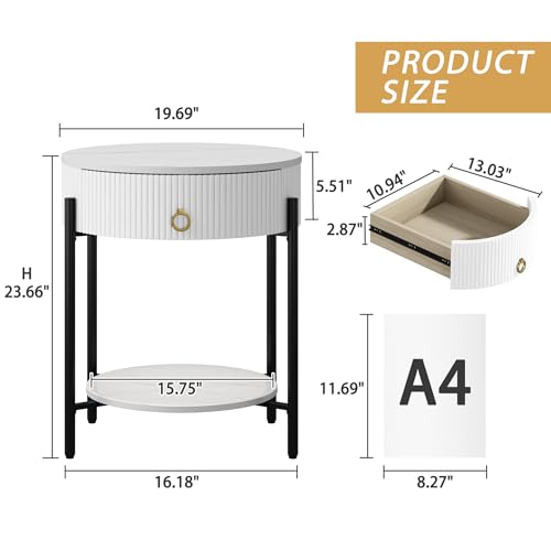 OIOG 2 Tier Nightstand, Bedside Table with Drawer, Sintered Stone/White | Round End Table, Modern Side Table, Drawer, Shelf, Metal Legs, Marbling Natural Stone, Living Room, Bedroom, Dorm, Office - color: White