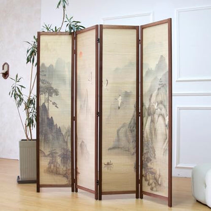 4 Panel Bamboo Room Divider, 5.6 ft Tall Double-Sided Folding Privacy Screen, Premium Thickened Wood Frame with Mountains and Waters Landscape for Home Office (67" H x 63" W) - color: Mountains and Waters, size: 4 Panel