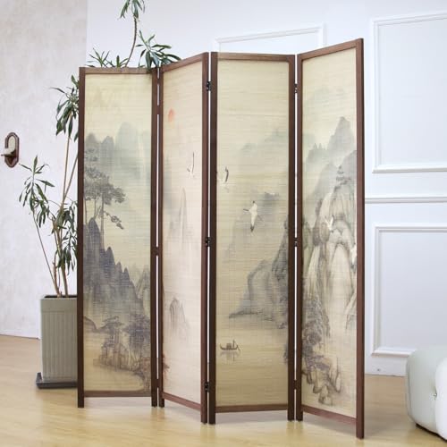 4 Panel Bamboo Room Divider, 5.6 ft Tall Double-Sided Folding Privacy Screen, Premium Thickened Wood Frame with Mountains and Waters Landscape for Home Office (67" H x 63" W) - color: Mountains and Waters, size: 4 Panel