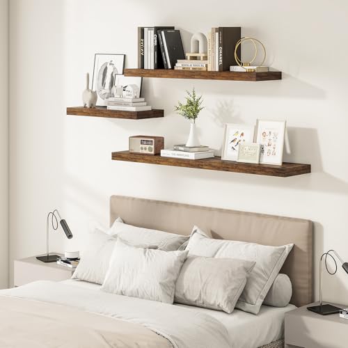 Vivelove 12" Deep Floating Shelves 24x12” Set of 2, Rustic Brown | Easy Install With Hardware, 2" Thick, Invisible Brackets, Wall Mounted, No Sagging, For Any Room - color: Rustic Brown, size: 24”wx12”dx2”h