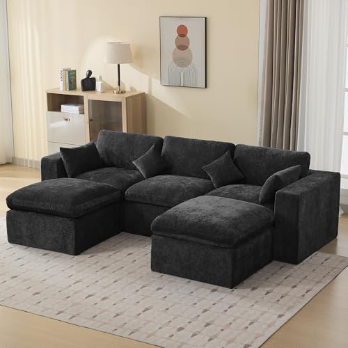 115'' Cloud Boneless Sectional Couch, Modular Sectional Sofa Deep Seat with 2 Ottomans, Oversized Upholstered Convertible Comfy 5 Seater Chenille Sofa U Shape Couches for Living Room, Dark - color: Dark, size: 115"/3 Seater+2 Ottoman