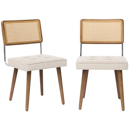 GarveeHome Natural Rattan Dining Chairs Set of 6, Linen Upholstered Kitchen Chairs with Tall Cane Backrest and Strong Wood Legs for Dining Room, Kitchen, Restaurant, Beige - color: Beige, size: 6 PCS