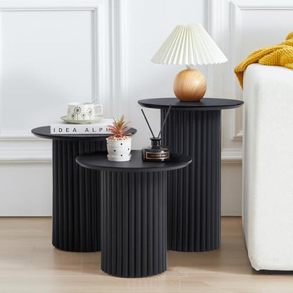 Bifins Black Round Nesting Coffee Table Set of 3 | Coffee and End Table Set,Fluted,Nesting Side Table,Drink Table,End Table,Plant Stand,Mid Century Modern,Nested - color: Black