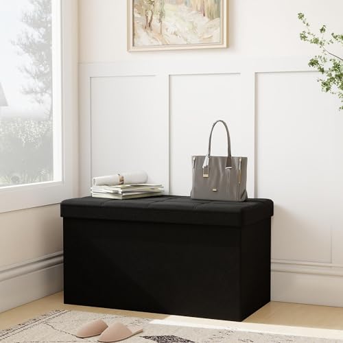 31.5" Folding Storage Ottoman Bench,Rectangle Foot Rest Stool for Living Room and Bedroom Holds 660 lbs,Synthetic Leather,Black - color: Black-31.5"