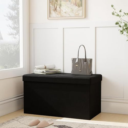 31.5" Folding Storage Ottoman Bench,Rectangle Foot Rest Stool for Living Room and Bedroom Holds 660 lbs,Synthetic Leather,Black - color: Black-31.5"
