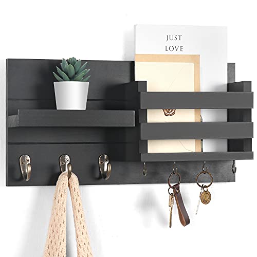 Lwenki Mail Organizer for Wall Mount – Key Holder with Shelf Includes Letter Holder and Hooks for Coats, Dog Leashes – Rustic Wood with Flush Mounting Hardware (16.5” x 8.7” x 3.5”) - color: Black