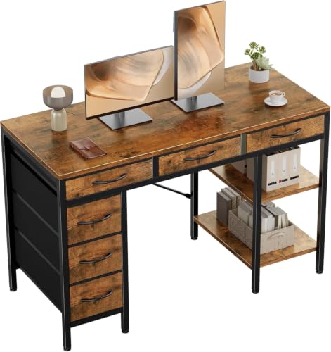 Simple Deluxe Computer Desk with 6 Drawers, 47 Inch Office Workstation with Storage Shelves, Reversible Corner Gaming Table, Home Office Study Desk with Fabric Organizer, Rustic Brown - color: Brown, size: 47 * 18 inch