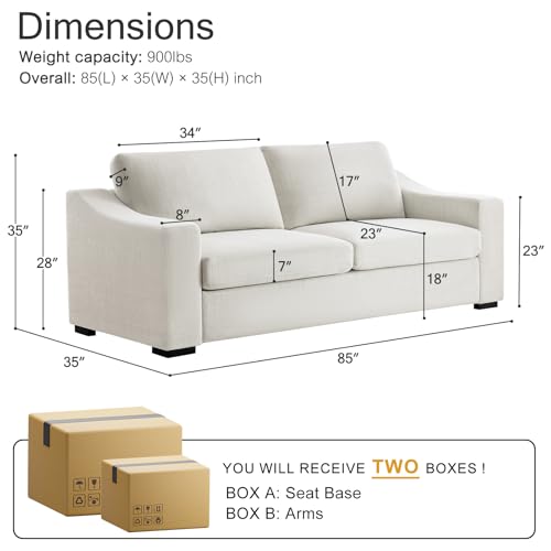 85" Modern Sofa Couches for Living Room, 3 Seater Natural Linen Sofa with Extra Deep Seats, Upholstered Cushion&Detachable Cover, Comfy Couch for Small Space, Apartment, White, 2PC - color: White, size: 85 Inch - Deep Couch ×2