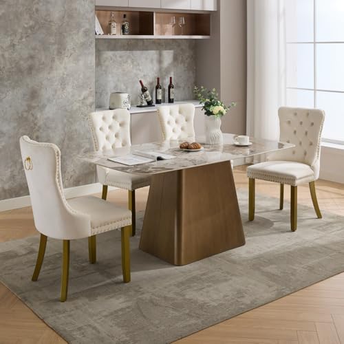 KEIKI Upholstered Velvet Dining Chair, Mid-Century Tufted Accent Seat | with Golden Solid Wood Legs for Dining Room Kitchen Room, Milk White - color: Milk White