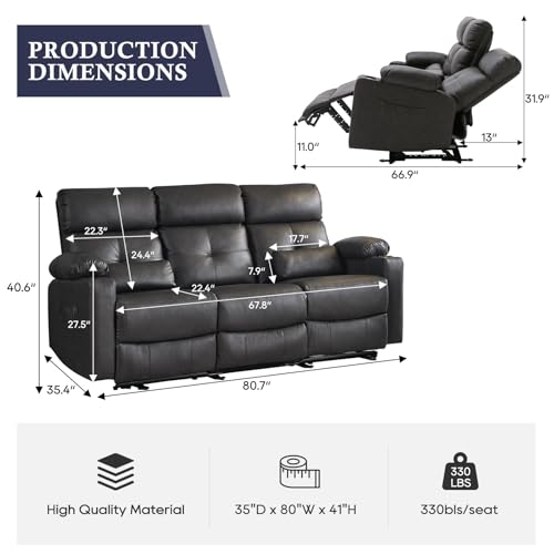 Power Reclining Sofa with Heat and Massage, Electtric Reclining Couch with Extended Footrest, Recliner Sofa 3 Seater with USB Ports, Cup Holders for Living Room, Home Seating - color: Black&grey, size: Sofa