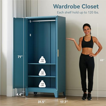 71" Tall Metal Armoire Wardrobe Closet with Removable Hanging Rod and Adjustable Shelves,Blue - color: Blue, size: 17.7"D x 31.5"W x 71"H-2
