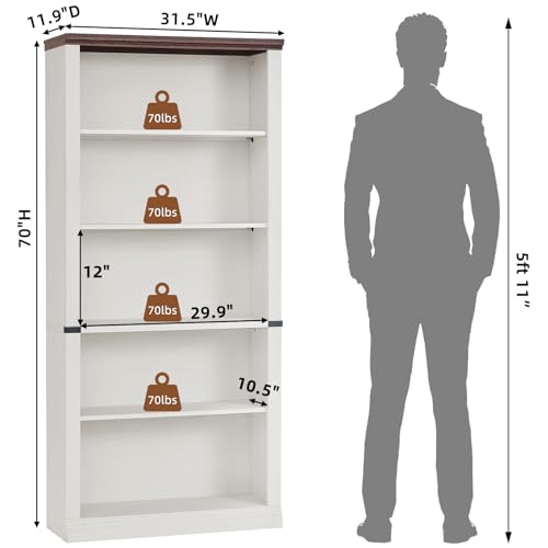RWYHG 70" White Tall Book Shelf, 5 Tier Wooden Farmhouse Bookcase | Adjustable Shelves Book Case, Open Display Storage, Wood Veneer Bookshelves, Thick Sturdy Base, for Living Room,Office - color: White, size: 5-Tier