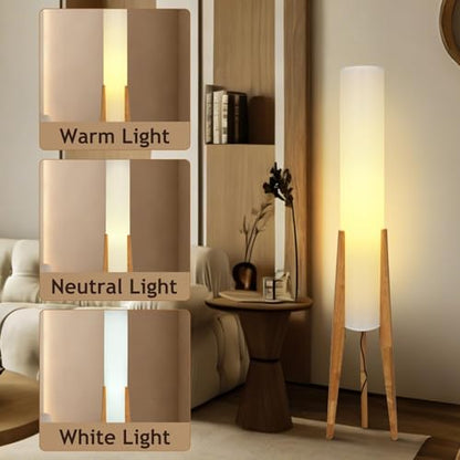 Wabi-Sabi 50" Wood Tripod Floor Lamp with Paper Lantern Inspired | Tall Linen Fabric Shade, E26 3-Color Temperatures Bulb Included, Foot Switch, Natural Wood For Living Room, Bedroom, Office - color: Natural Wood