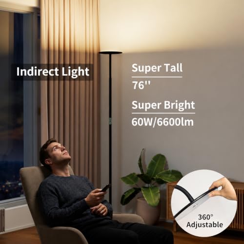 60W Torchiere Lamp, 76'' Dimmable Tall Lamp, Bright Sky Floor Lamp | 4000K, 360° Gooseneck, Height Adjustable, Touch Control, CRI 95, Aluminum Panel, for Living Room Bedroom Office Plant Light - color: Touch Control