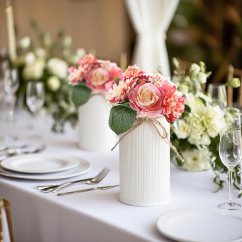 6" High Rustic Metal Mason Jar Vase Centerpiece for Table, White, 6 pcs | Leakproof, Galvanized metal, With twine bow, for wedding / parties / home/ office, For fresh & fake flowers, Utensil holder‌ - color: White