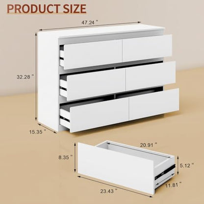 White 6 Drawer Dresser for Bedroom 47" Wide Closet Storage | Wood Dresser, Modern High Gloss, Handle-Free, for Entryway|TV Stand|Living Room - size: 15.4"D x 47.2"W x 32.3"H (6 Drawers)