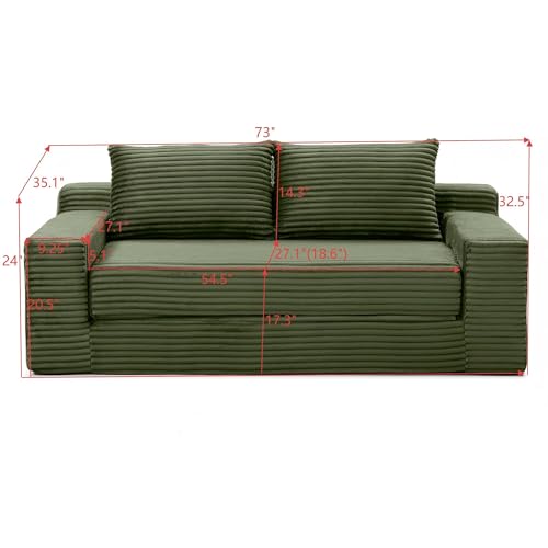 73" Corduroy Cloud Loveseat Sofa, 2-in-1 Convertible Sleeper Sofa Bed with Memory Foam, No-Assembly Sofa-in-a-Box for Small Spaces Living Room/Apartment/Office (Green) | Corduroy - color: Green