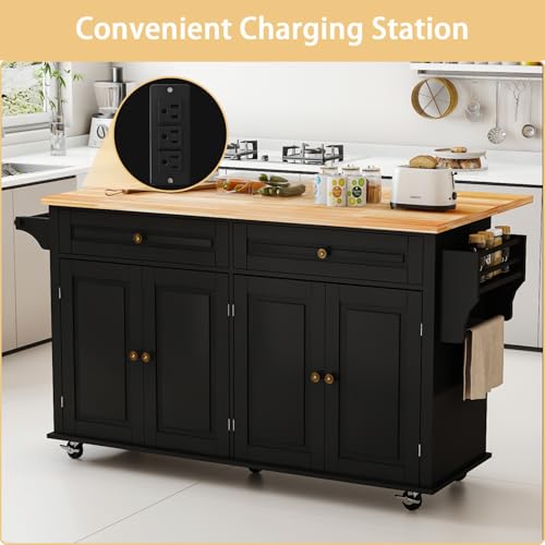 Kitchen Island Cart with Wood Top and Drop Leaf, Rolling Kitchen Island Table on Wheels with Drawer, Storage Cabinet, Spice Rack and Towel Rack for Dining Room, Black - size: 67.1" W, style: Black