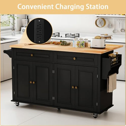 Kitchen Island Cart with Wood Top and Drop Leaf, Rolling Kitchen Island Table on Wheels with Drawer, Storage Cabinet, Spice Rack and Towel Rack for Dining Room, Black - size: 67.1" W, style: Black