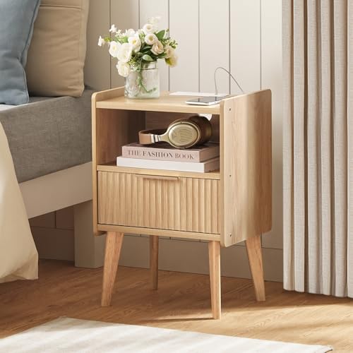 MAHANCRIS Natural Nightstand with Charging Station, Modern Bedside Table with Drawer and Storage Shelf, End Side Table with Solid Wood Legs, Night Stand, Living Room, Bedroom, Small Space, ETNA61E01 - color: Natural