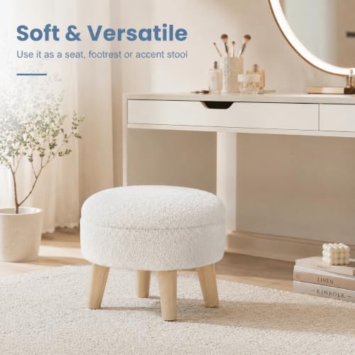 Simple Deluxe 13" Round Storage Ottoman with Wooden Legs & Dual-Use Tray Lid, Fluffy Teddy Boucle Ottoman Footstool for Bedroom, Living Room & Vanity, Beige - color: Beige