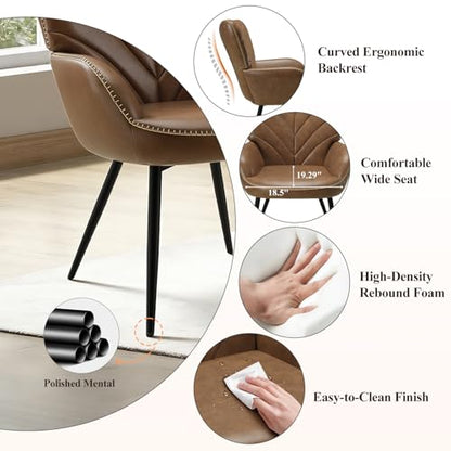 MALOL Modern Mid-Century Faux Leather Accent Chair, Upholstered Armchair with Curved Backrest, Sturdy Metal Base, Living Room, Bedroom & Reading Nook,Brown - color: Brown, size: set of 2