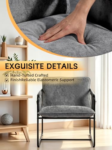 Modern Accent Chair Comfortable Living Room Chairs with Armrests, Lounge Chair with Metal Frame Chenille Upholstered Bedroom Reading Chair - color: Grey