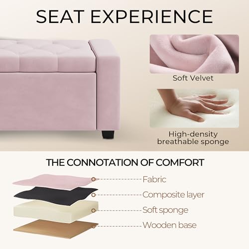 Storage Ottoman Bench,Large Entryway Ottoman with Storage, Rectangular Bench with Cushion and Safety Hinge for Living Room Bedroom - color: Pink