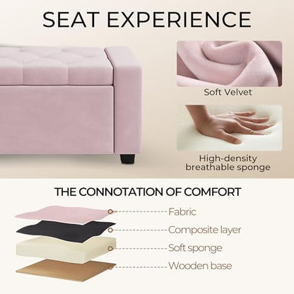 Storage Ottoman Bench,Large Entryway Ottoman with Storage, Rectangular Bench with Cushion and Safety Hinge for Living Room Bedroom - color: Pink