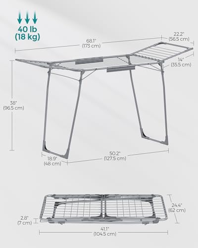 SONGMICS Clothes Drying Rack Foldable, Gullwing Laundry Drying Rack, Space-Saving, 22.2 x 68.1 x 38 Inches, Sock Clips, Metal Structure, for Clothes, Towels, Linens, Indoor, Outdoor Gray ULLR518G01 - color: Gray, style: 2 Gullwings（22.2"D)