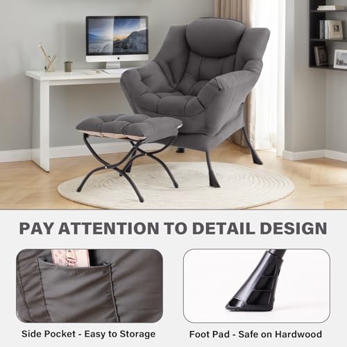 Lazy Chair with Ottoman, Comfy Reading Accent Chair, Dark Grey | Foldable Footrest, Padded Seat and Backrest, Side Pocket for Lounging in Living Rooms, Bedrooms, Dorms and Small Spaces - color: Dark Grey