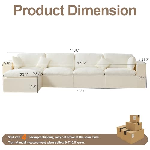 146''Cloud Boneless Sectional Couch, Modular Sectional Sofa Deep Seat with Ottoman, Oversized Upholstered Convertible Comfy 5 Seater Chenille Sofa L Shape Couches for Living Room, Beige - color: Beige, size: 146"/4 Seater+1 Ottoman