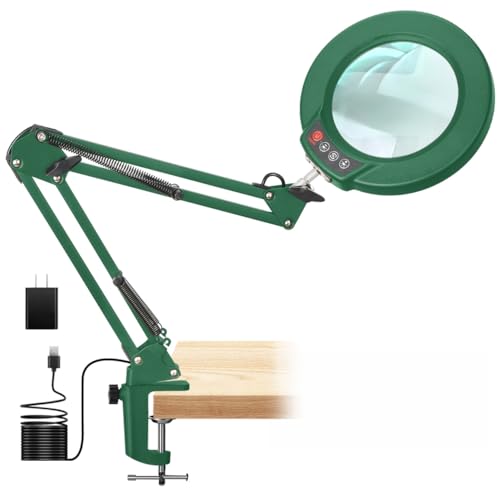 12X Magnifying Glass with Light and Clamp, Real Glass Lens Lighted Magnifier with Stand, 5 Color Modes LED Dimmable Magnifying Desk Lamp Hands Free for Crafts Painting Sewing Close Work - Green - color: Green, size: 12X 17.8inch Clamp