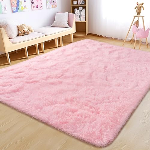Awaytail 4x6 Fluffy Pink Area Rug - Soft Cute Shag Fuzzy Rugs for Bedroom | Anti-Skid Living Room Girls Rug Pink Home Decor, Shaggy Carpets for Girls and Boys Room Dorm Aesthetic - color: Pink, size: 4' x 6' (Rectangular)
