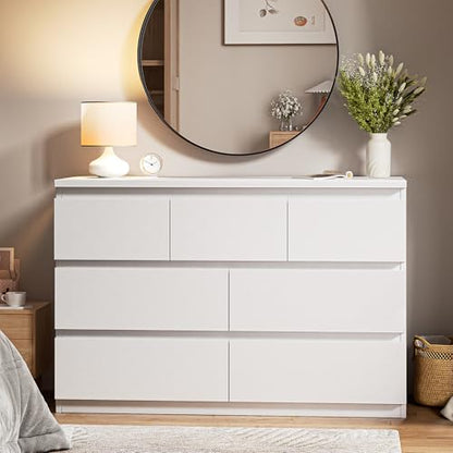 Jocoevol Modern White 7 Drawer Dresser for Bedroom, Simply Chest of Drawers, Wood Storage Dresser with Deep Drawers for Living Room Hallway Entryway, White - color: White