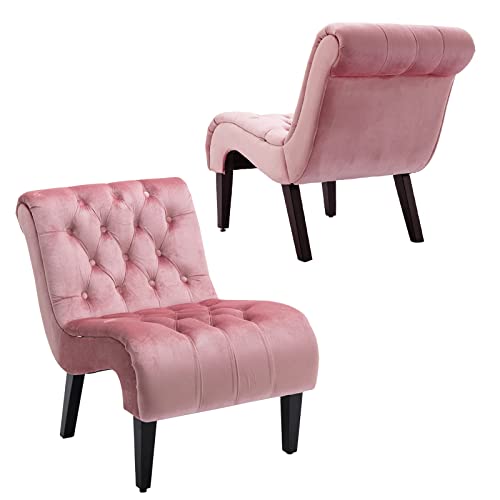 Comfy Velvet Accent Chair Set of 2, Tufted Armless Chair with Rolled Edge | Modern Small Lounger for Living Room, Upholstered Reading Chaise Lounge with Solid Rubber Wood Legs, Pink - color: Pink, size: Set of 2