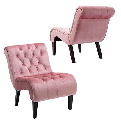 Comfy Velvet Accent Chair Set of 2, Tufted Armless Chair with Rolled Edge | Modern Small Lounger for Living Room, Upholstered Reading Chaise Lounge with Solid Rubber Wood Legs, Pink - color: Pink, size: Set of 2