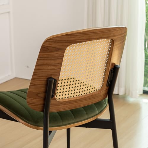 Rattan Dining Room Chairs Set of 2, Mid Century Modern Kitchen Chairs,Green Velvet Walnut Wood Finish Side Chair, Metal Legs Chair with Rattan Backrest,Green Fabric - color: Green 2, size: Set of 2
