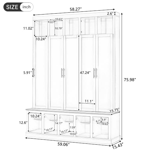 76’’H Farmhouse Hall Tree Cabinet with Shoe Storage Bench, Retro White | 59’’W Vertical Entryway Organizer with Doors, Shoe Rack, Open Cubbies & 5 Coat Hooks for Hallway Living Room Mudroom - color: Retro White, size: 59.05''W x 15.43''D x 75.98''H
