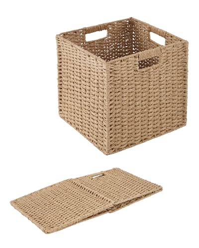 Paper Woven Foldable Storage Baskets 1 Pack, 11.4 Inch Cube Storage Bins, Handmade Paper Material Collapsible Organizer for Shelves & Home Organization, Ideal for Clothes Books Toys Snacks (Natural) - color: Natural- 1pack
