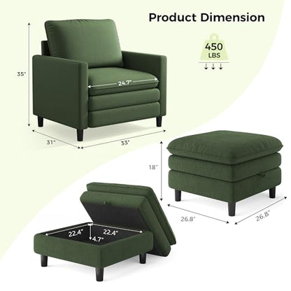 Welzona 3-Layers Cloud Accent Chair with Ottoman, 33" Teddy Reading Chair | Comfy Teddy Fabric, Washable Covers, Tool-Free Setup, All-wood Arm Chair and Ottoman Sets for Living Room, Bedroom, Green - color: Green, size: cloud chair & ottoman