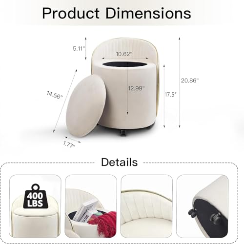Round Storage Ottoman, Upholstered Velvet Vanity Stool with Lumbar Support, Swivel Rolling Wheels, Small Foot Stools Coffee Table Padded Seat for Makeup Room, Living Room, Bedroom Beige - color: Beige