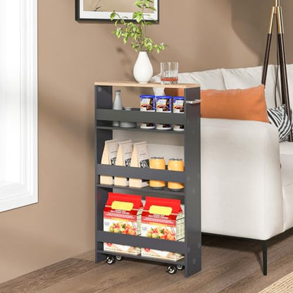 Slim Storage Cart, 4-Tier Rolling Cart with Handle & Wooden Top for Kitchen Bathroom Laundry Living Room Narrow Small Spaces, 5 Inches Width (Grey & Natural) - color: Grey & Natural