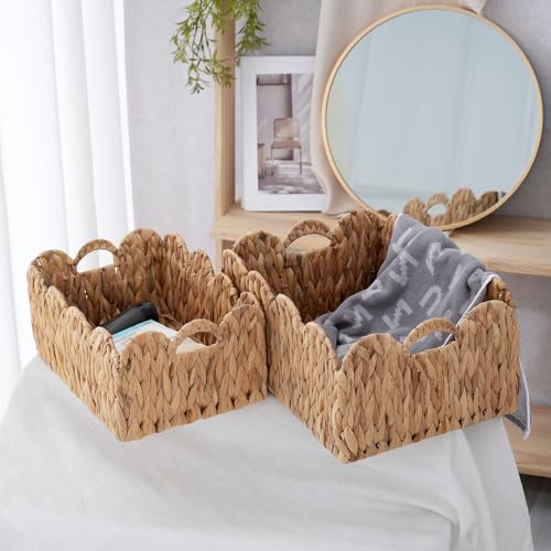 Wicker Storage Baskets with Handles, Woven Organizer, 2-Pack | 2-pack natural wicker baskets with handles in large and small sizes; woven organizers for home, kitchen and nursery storage. - size: 2PC, style: Wave