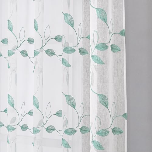 Tollpiz Teal Blue Leaf Sheer Tier Curtain Kitchen 30 x 36 Inches | Leaves Embroidered Curtains Rod Pocket Voile Bathroom Window Treatment for Cafe, Set of 2 Panels - color: Teal Blue, size: 30"W x 36"L (Pack of 2)